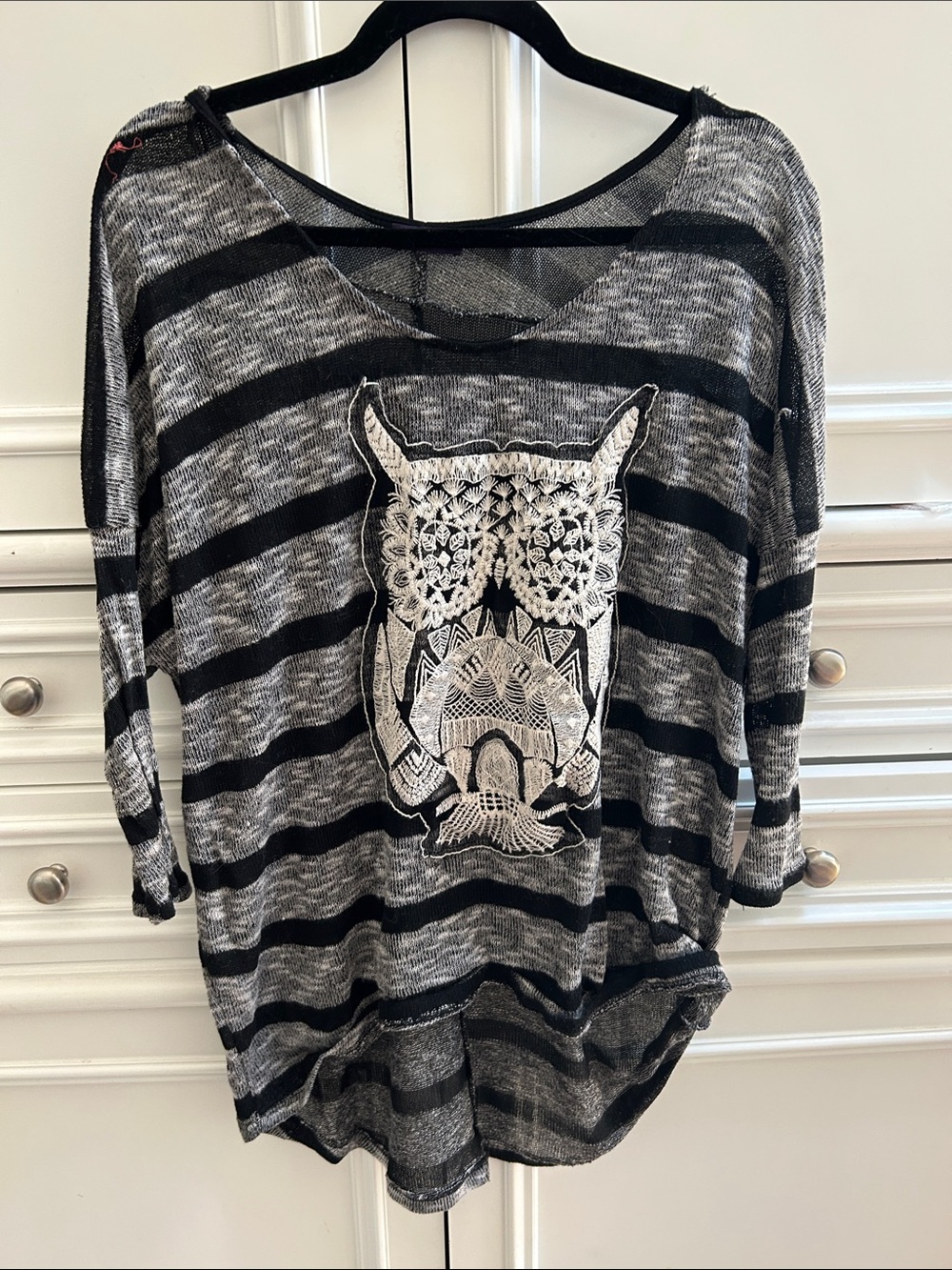 Caren Sport Striped Black & Gray Women's Knit Top with Owl Motif